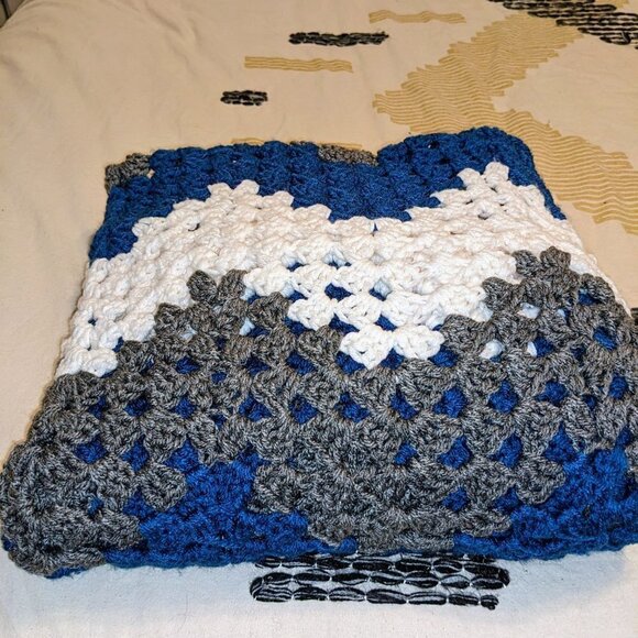 Chevron Crochet Afghan Blanket in Blue White & Grey - Picture 7 of 7